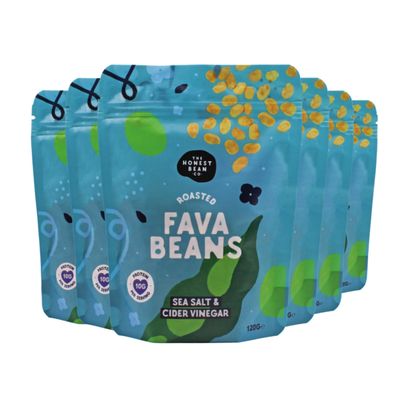 The Honest Bean Co Roasted Fava Bean Sea Salt &amp; Cider Vinegar, High Protein Vegan Snack, 120 g (Pack of 6)