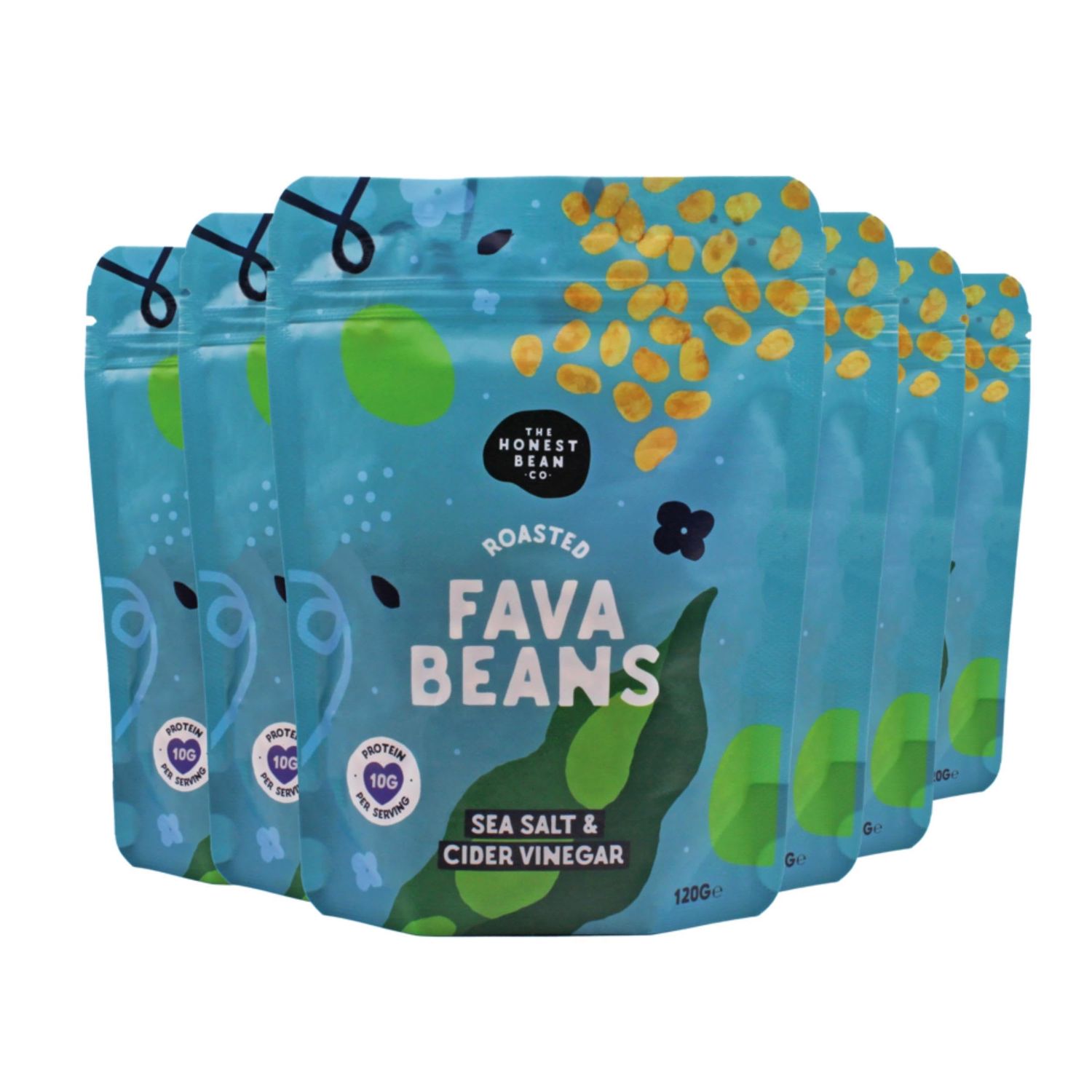 The Honest Bean Co Roasted Fava Bean Sea Salt &amp; Cider Vinegar, High Protein Vegan Snack, 120 g (Pack of 6)