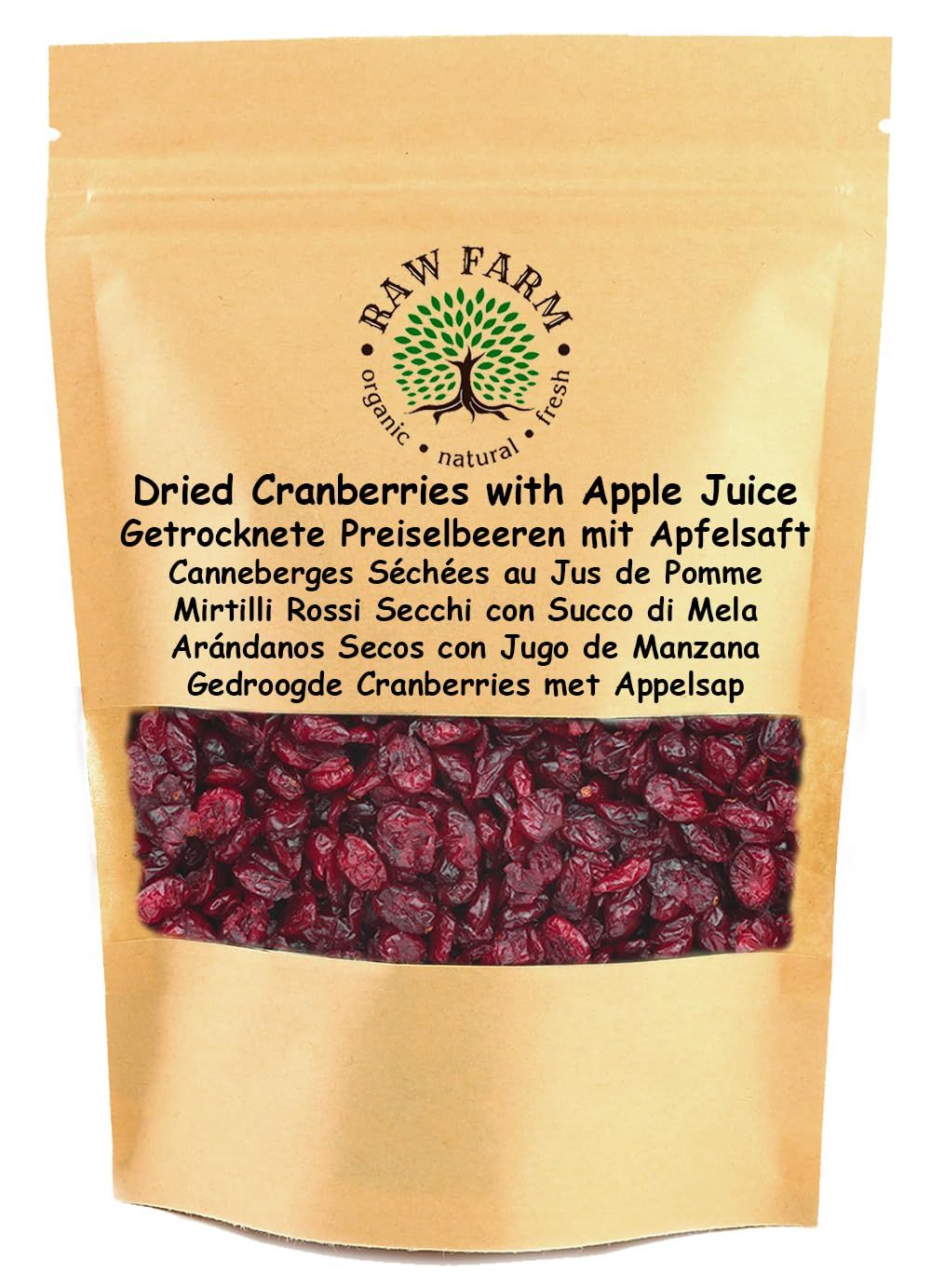 Raw Farm - Dried Cranberries Sweetened with Apple Juice, No added Sugar 1 kg