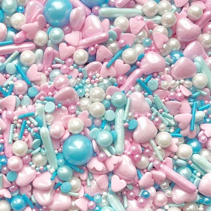 Baby shower gender reveal boy girl pink blue white sprinkles cupcake cake toppers pearls balls metallic pearls cupcakes OH BABY