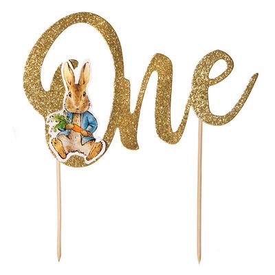 Anniversary House Official Beatrix Potter Peter Rabbit 1st Birthday One Gold Glitter Cake Topper with Attachment, Paper, Bamboo Picks, Premium Cake Decorations, Pack of 1, J003