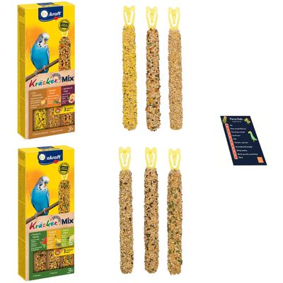 UbiPet 2x packs of Budgies Crackers Trio-Mix (6 sticks in total - including Sesame Seeds, Paprica, Kiwi, Egg, Apricot, Honey, Lemon) with Info Card