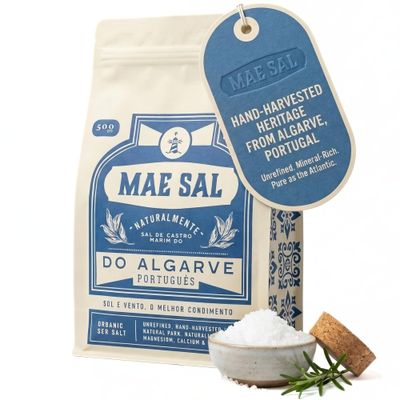 Mae Sal Organic Coarse Sea Salt Hand-Harvested in Algarve, Portugal 100% Natural, Unrefined &amp; Mineral Rich (Magnesium, Potassium) Premium Gourmet Salt for Grinders &amp; Finishing 500g Resealable