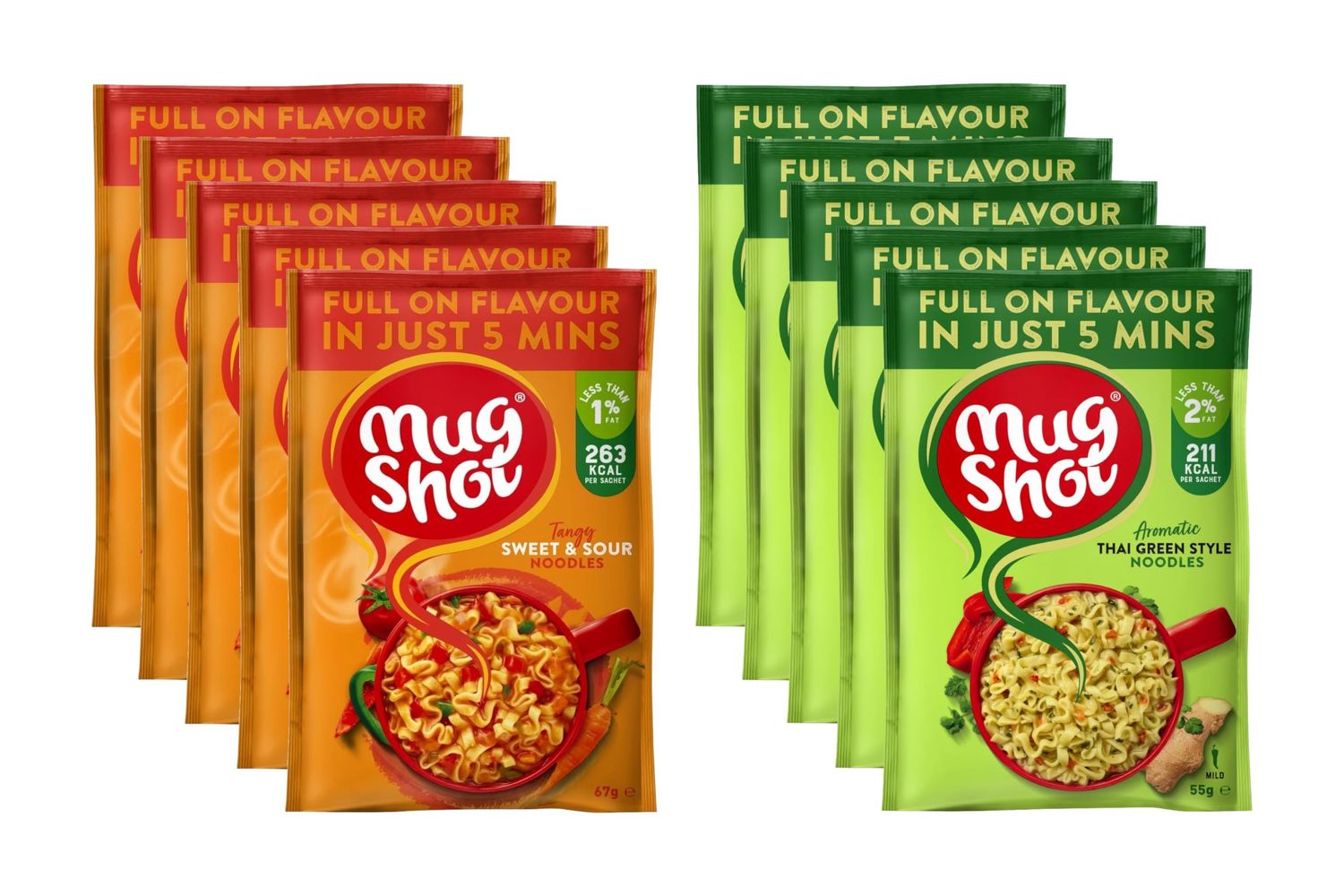 Mug Shot Instant Noodles Multipack Thai &amp; Sweet &amp; Sour Asian Ready Meals Food &amp; Snack, x5 Each Flavour, Quick Meal Pasta Low Fat Calorie Noodle Bulk, Ready in 5 Min, 10 packs total + Cheeroo Magnet