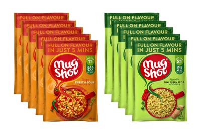 Mug Shot Instant Noodles Multipack Thai & Sweet & Sour Asian Ready Meals Food & Snack, x5 Each Flavour, Quick Meal Pasta Low Fat Calorie Noodle Bulk, Ready in 5 Min, 10 packs total + Cheeroo Magnet