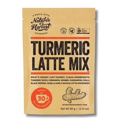 Nature's Harvest - Turmeric Latte Mix, Add on Golden Milk Tea, Smoothies and Other Drinks, Turmeric Spice Blend, Caffeine-Free Coffee Alternative, 60g Pack, 30 Servings Nature's Harvest - Turmeric Latte Mix, Add on Golden Milk Tea, Smoothies and Other Drinks, Turmeric Spice Blend, Caffeine-Free Coffee Alternative, 60g Pack, 30 Servings