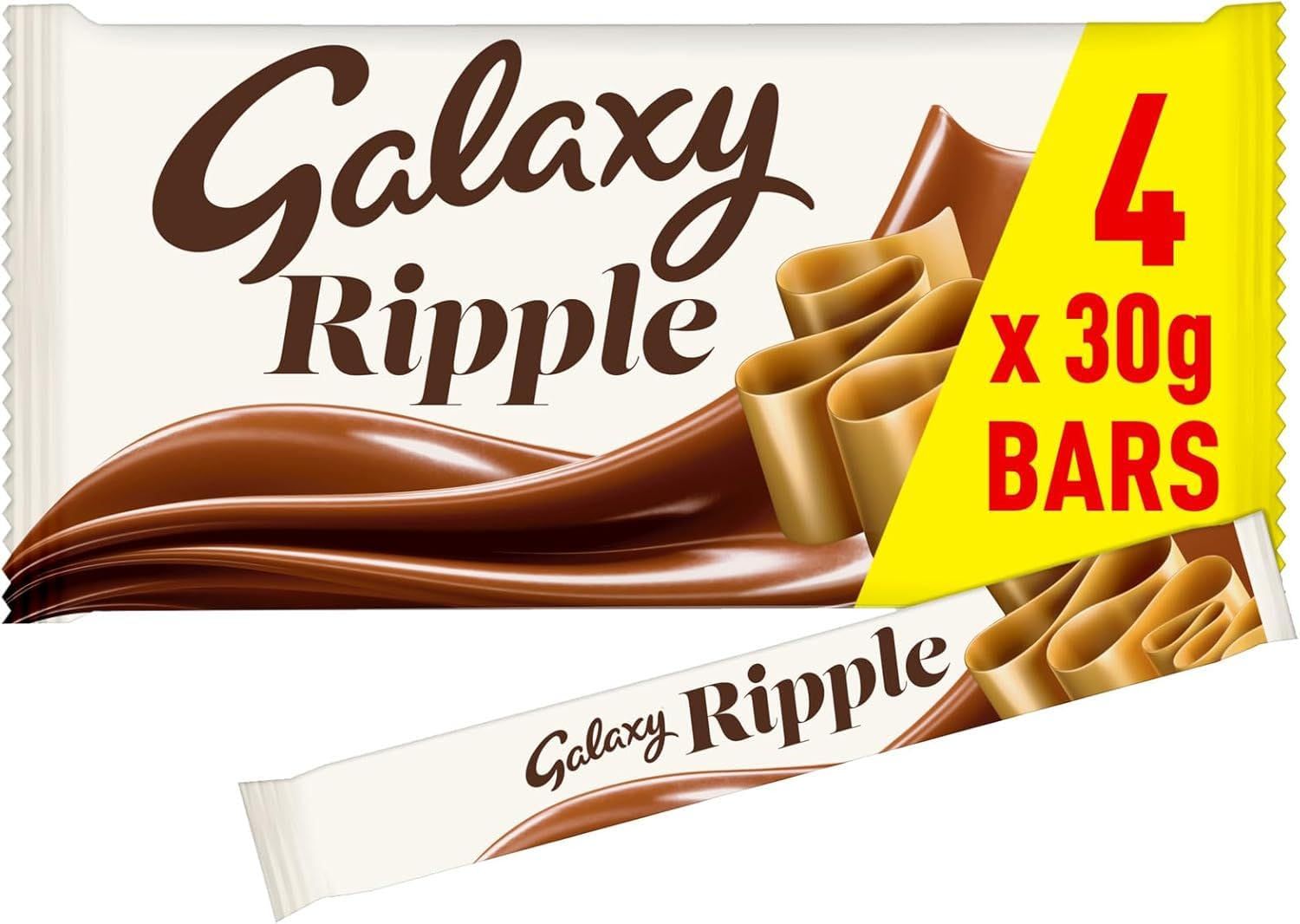 Galaxy Ripple Milk Chocolate Bars, 4 x 30g, Chocolate Multipack, Ideal for Gifts, Snacks or Hamper
