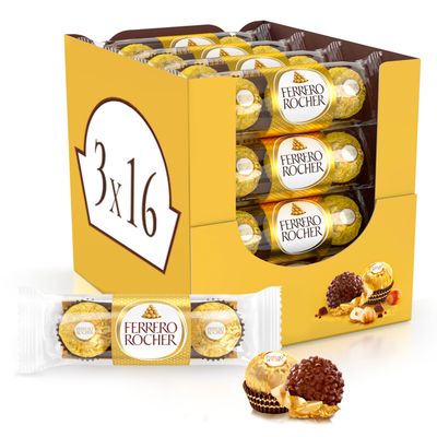 Ferrero Rocher Pralines, Bulk Chocolate Party Box for Weddings, Birthdays, Gifting, Whole Hazelnut Covered in Milk Chocolate and Nuts, Box of 16 x 3 (48pcs)