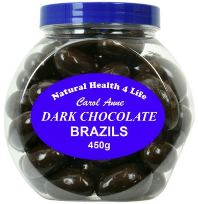 Natural Health 4 Life Carol Anne Confectionery Dark Chocolate Brazil Nuts 450g, Chocolate Covered Brazil Nuts in Recyclable Gift Jar, 7.6g Protein per 100g, Snack for Gifting, Baking