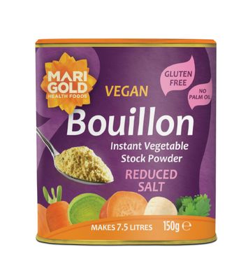 Marigold Reduced Salt Vegetable Bouillon Powder, 150g - Instant Vegan Stock Powder, 37% Less Salt, Natural Ingredients, Gluten-Free - Perfect for Soups, Stews & Sauces.