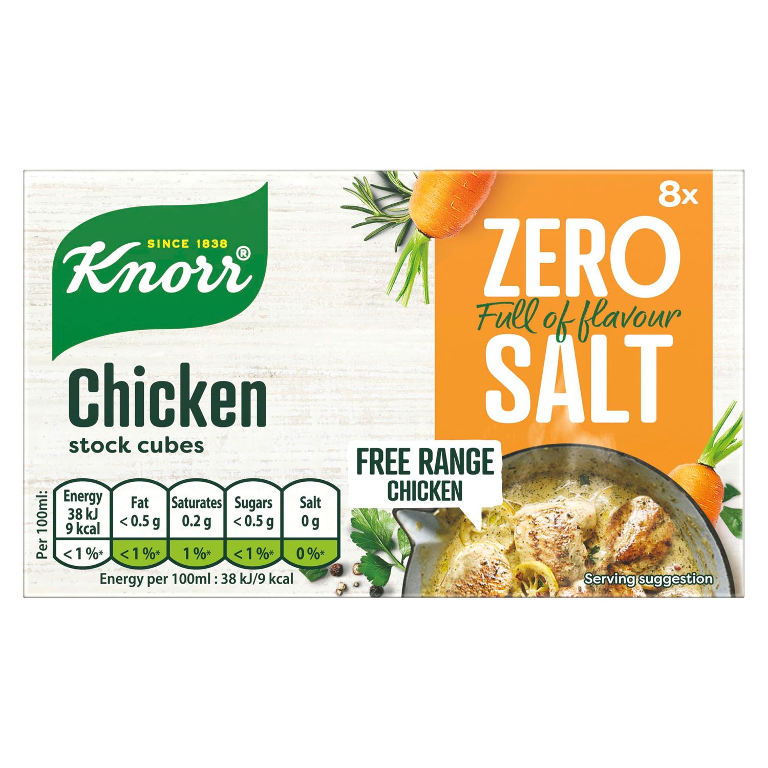 Knorr Zero Salt Chicken Stock Cubes pack of 8 lactose- and gluten-free for delicious, zero-salt chicken dishes 9 g
