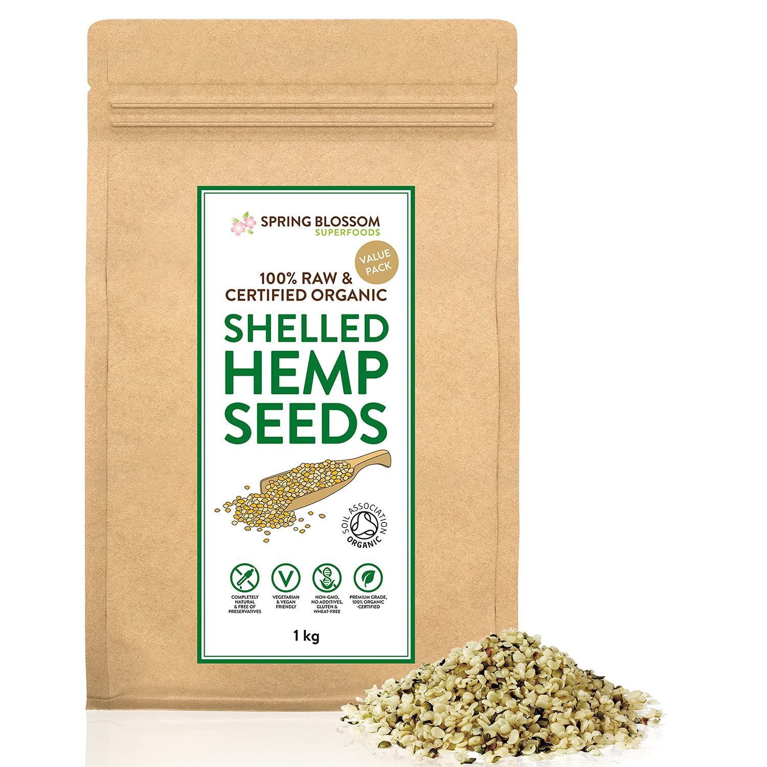 1KG Raw Organic Shelled/Hulled Hemp Seeds Hearts Healthy Vegan Snack Rich in Plant-Based Protein, Omega 3&amp;6, Amino Acids &amp; Minerals, Gluten-Free Superfood, in Eco-Friendly Resealable Pouch, Premium Q