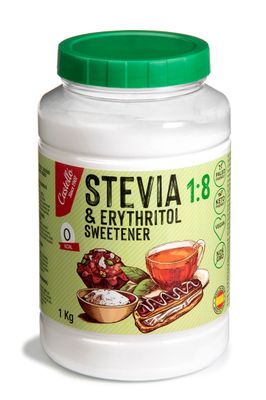 Castello since 1907 Stevia + Erythritol 1:8 Sweetener 1g = 8g of sugar 100% Natural taste Sugar Substitute - 0 Calories - 0 Glycemic Index - Keto and Paleo - 0 Net Carbohydrates - 1kg