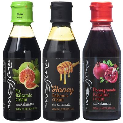 Messino Greek Balsamic Creams Gourmet Mix: Fig, Honey and Pomegranate Balsamic Creams, Pack of 3 x 250 ml