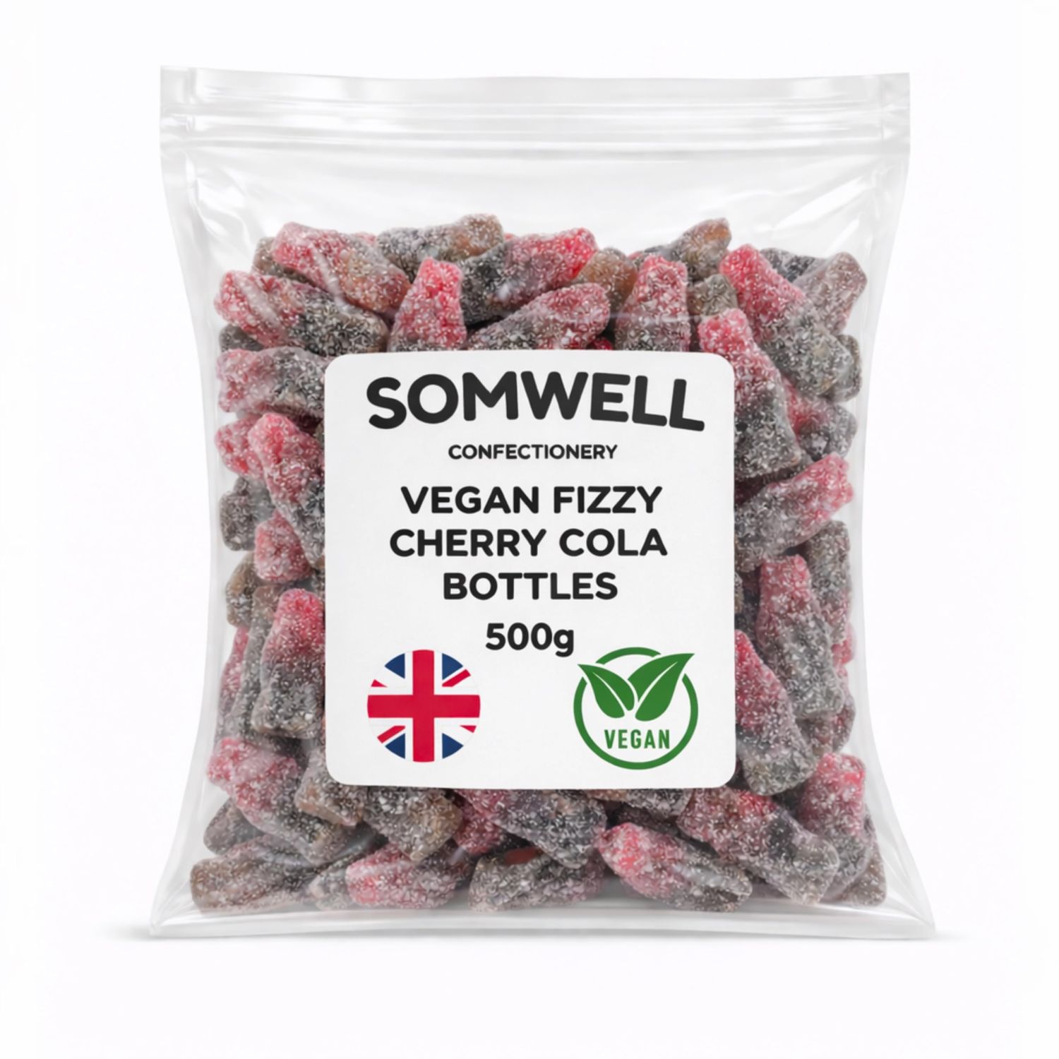 Somwell - Vegan Fizzy Cherry Cola 500g - Classic Traditional British Sweets - Chewy Cherry Flavour - Jelly Gummy Retro Candy, Halal Sweets for Assorted Pick &amp; Mix and Parties - Vegan Friendly