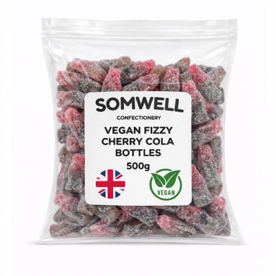 Somwell - Vegan Fizzy Cherry Cola 500g - Classic Traditional British Sweets - Chewy Cherry Flavour - Jelly Gummy Retro Candy, Halal Sweets for Assorted Pick & Mix and Parties - Vegan Friendly