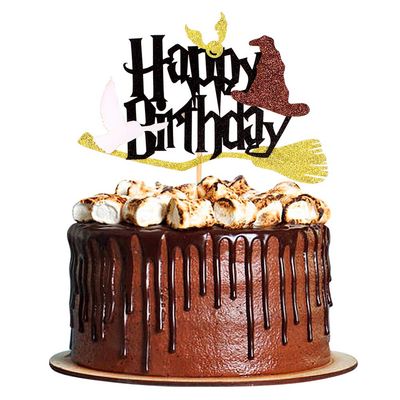 Blumomon 1Pc Glitter Black Magical Wizard Inspired Cake Topper Happy Birthday Cake Topper Pick for Magic Theme Party Supplies