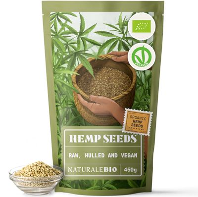 NaturaleBio Hemp Seeds 450g. Organic, Vegan, Non GMO. Plant-Based Protein, high in Omega 3 and 6. Supports Muscle Mass and Healthy Bones, aids Heart Health and Reduces Inflammation.