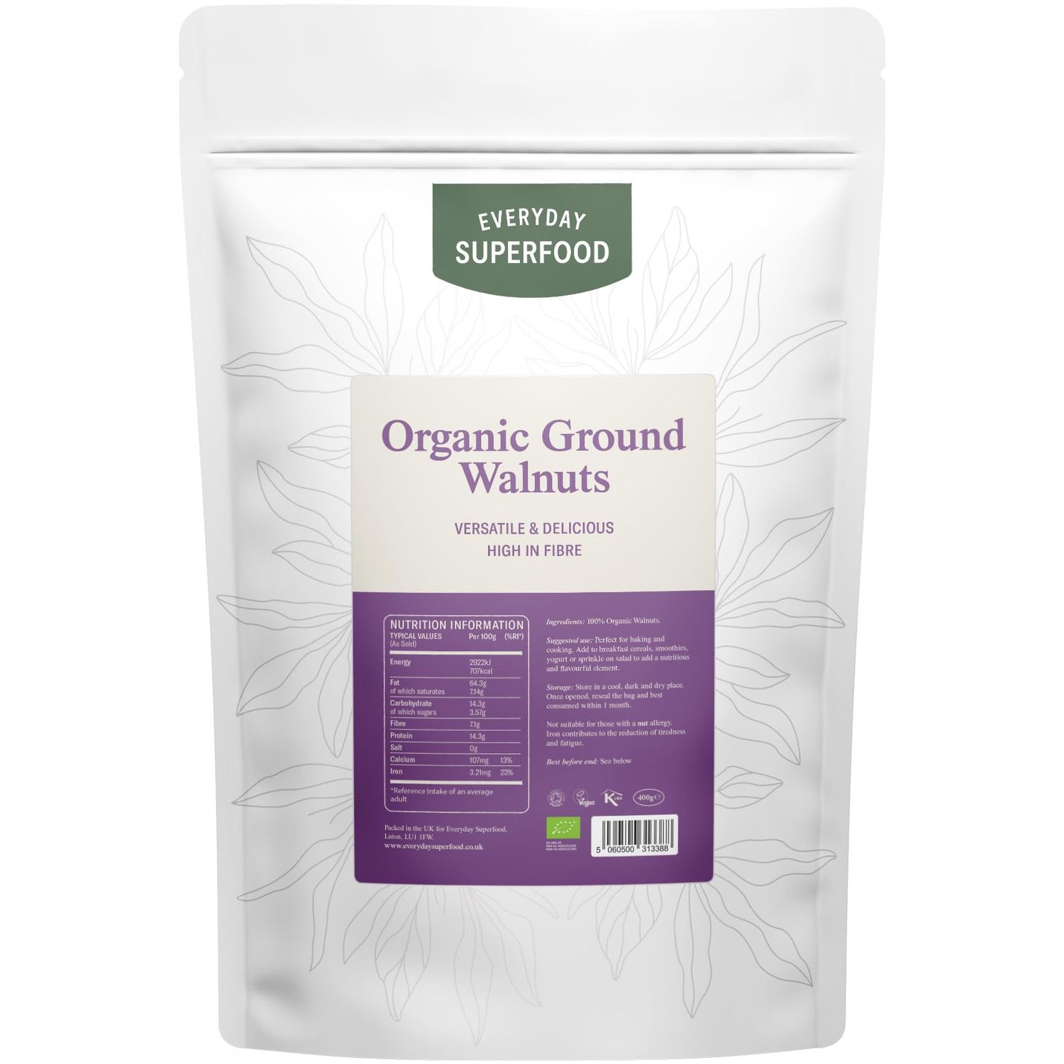 Everyday Superfood Organic Ground Walnuts 400g, Raw Grated Walnuts Ideal for Baking, Vegan and Kosher