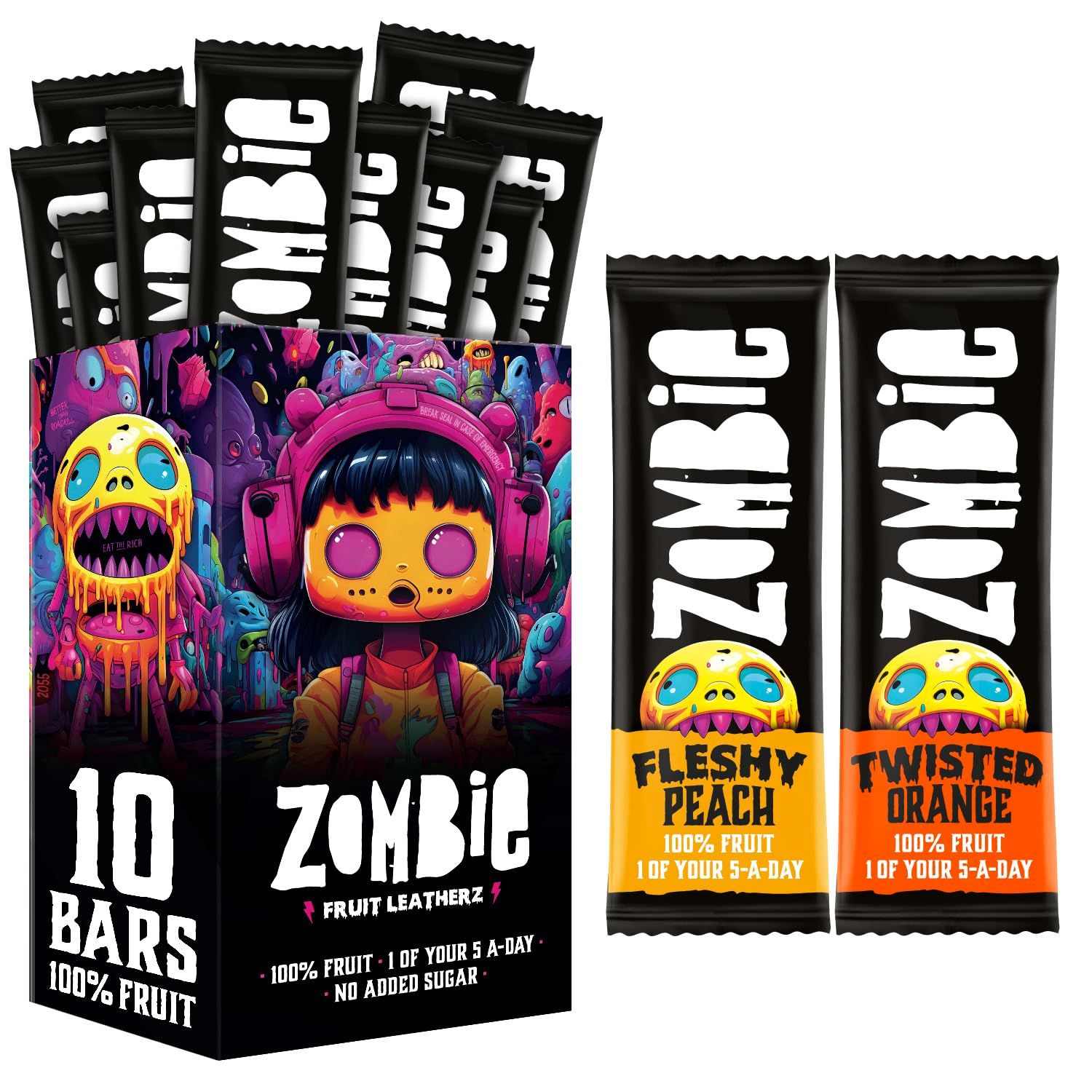 Zombie Fruit Bars, Orange &amp; Peach (10 Bars, 2 Flavours), 100% Dried Fruit, Healthy Snacks, Adults, Kids, Office, Low Calorie, Gluten Free, Vegan, Halal, Bulk, Real Fruit, No Added Sugar, Natural