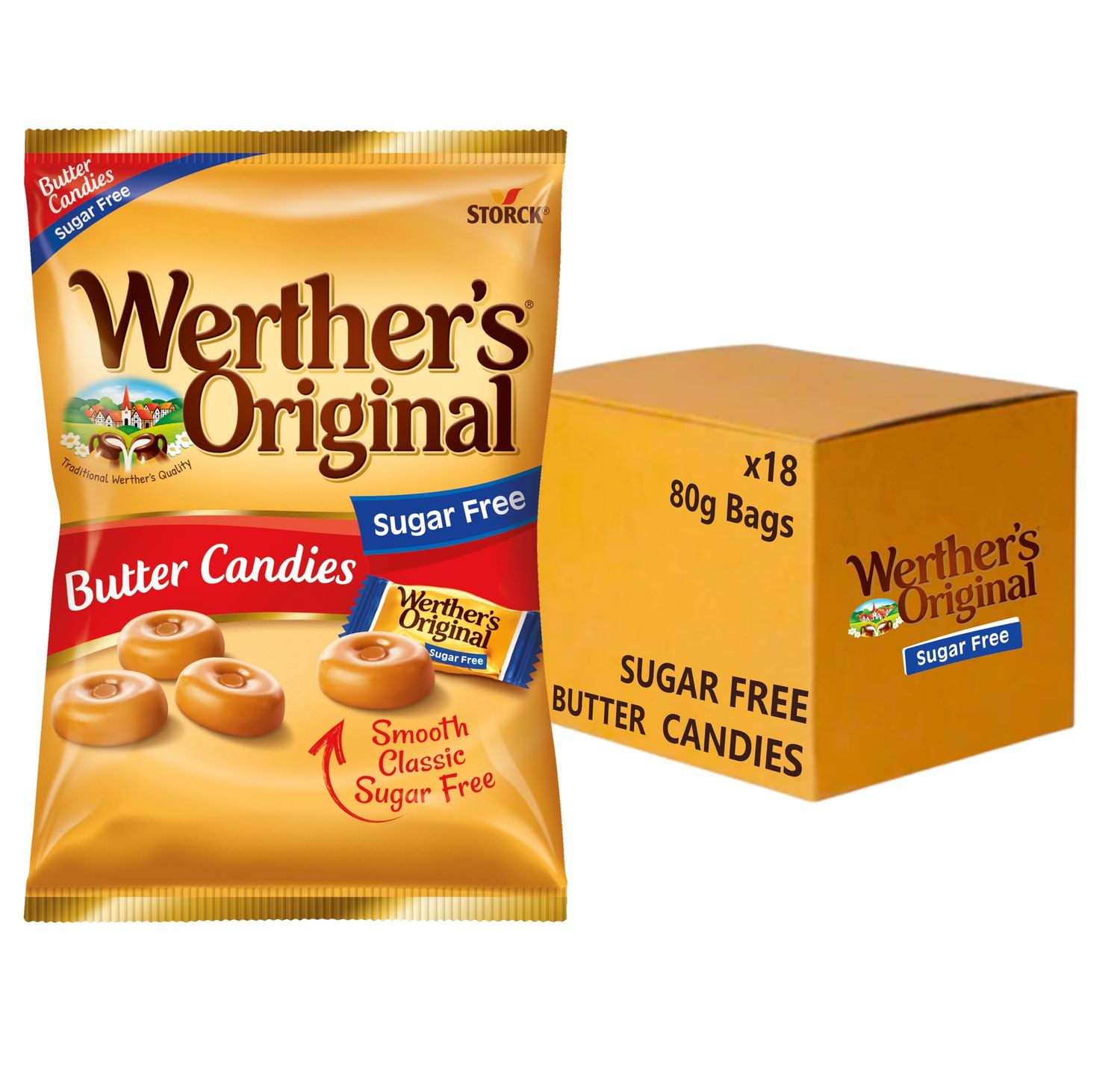 Werther's Original Sugar Free Butter Candies, Guilt-Free Indulgence with Rich, Buttery Flavour, 80 g (Pack of 18)