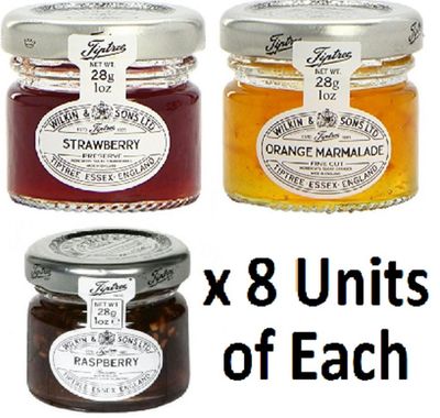 Mixed Pack - Wilkin &amp; Sons of Tiptree Strawberry / Raspberry / Orange Marmalade Preserves - 8 x 28g Mini Jars of Each flavour - 24 unit Mixed Pack