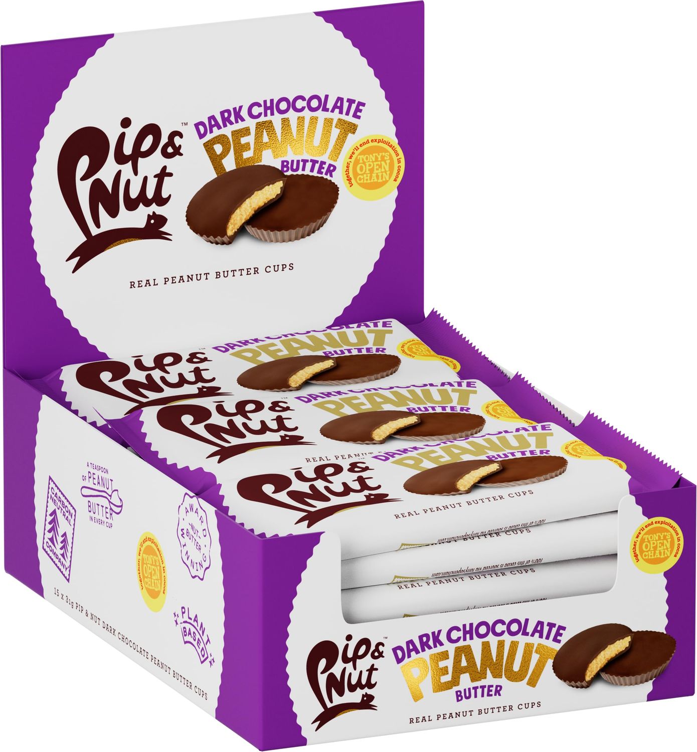 Pip &amp; Nut - Dark Chocolate Peanut Butter Cups (15 Pack - 2 Cups per Pack) Single Origin Chocolate, Real Peanut Butter, Natural Nut Butter, No Palm Oil, Vegan, Gluten Free