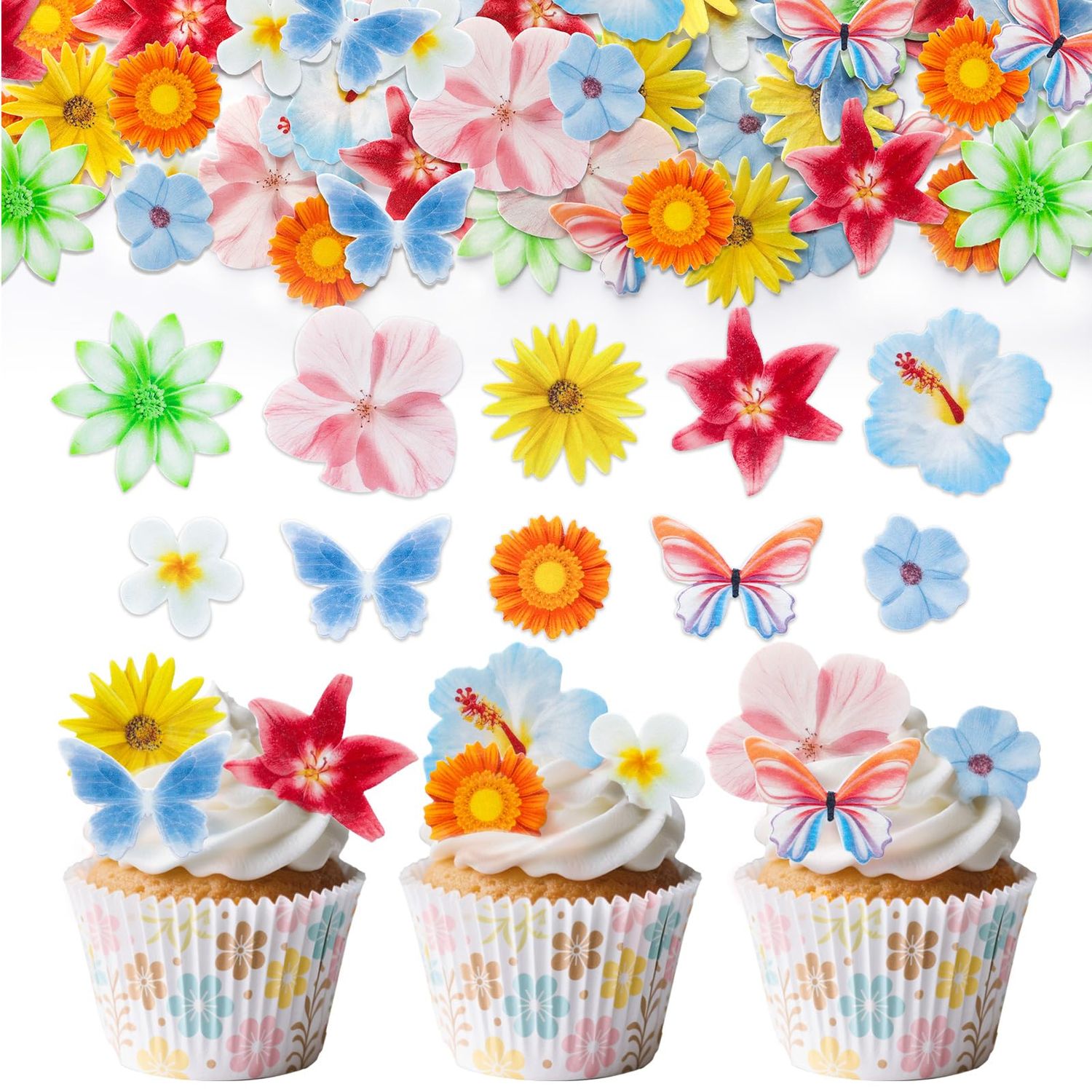 60 Pcs Edible Flower Cupcake Toppers, Edible Wafer Paper Cupcake Cake Dessert Toppers for Wedding, Baby Shower, Birthday Party Decorations