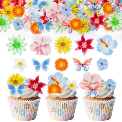60 Pcs Edible Flower Cupcake Toppers, Edible Wafer Paper Cupcake Cake Dessert Toppers for Wedding, Baby Shower, Birthday Party Decorations
