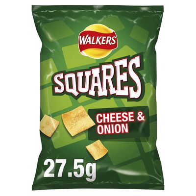 Walkers Crisps Squares Cheese and Onion Snacks Box, 27.5 g (Case of 32) (Packaging may vary) &amp; Crisps Quavers Cheese Snacks Box, 20 g (Case of 32)
