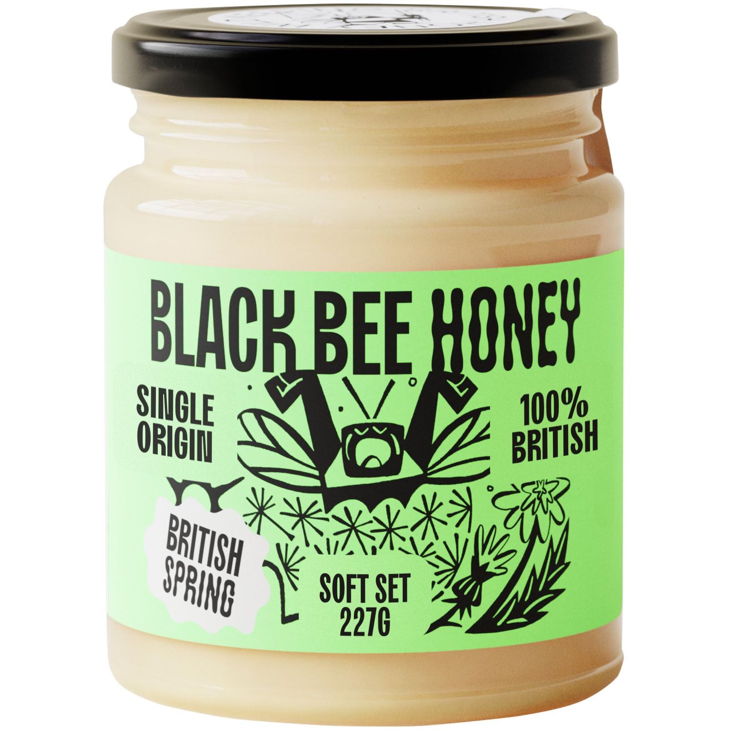 Black Bee Honey - Pure British Spring Soft Set Honey, Creamy and Lightly Sweet, Unprocessed Single Source from Hive to Jar, Never Blended - Delicious on Toast, Soothing in Drinks, 227g Glass Jar