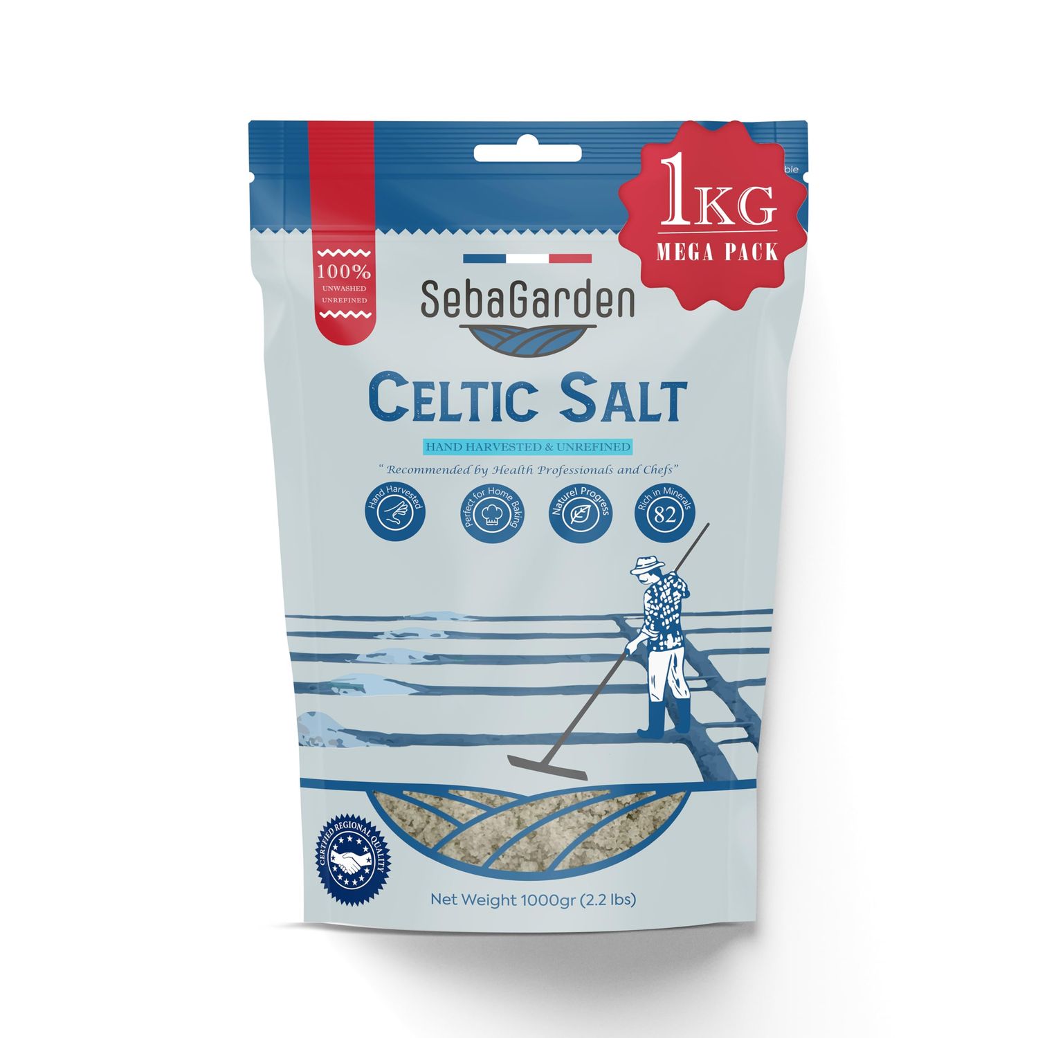 Seba Garden Celtic Sea Salt Grey, 1kg, Award-winner Salt, Certificated Organic Reseallable Bag of Grey Sea Salt, Hand Harvested, Contains Over 82 Essential Minerals
