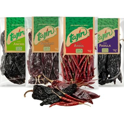 Tajin Mexican Dried Chillies Set 1 x Guajillo Chillies 75g 1 x Ancho Chilli 75 1 x Arbol Chillies 75 1 x Pasilla Chilli 75g