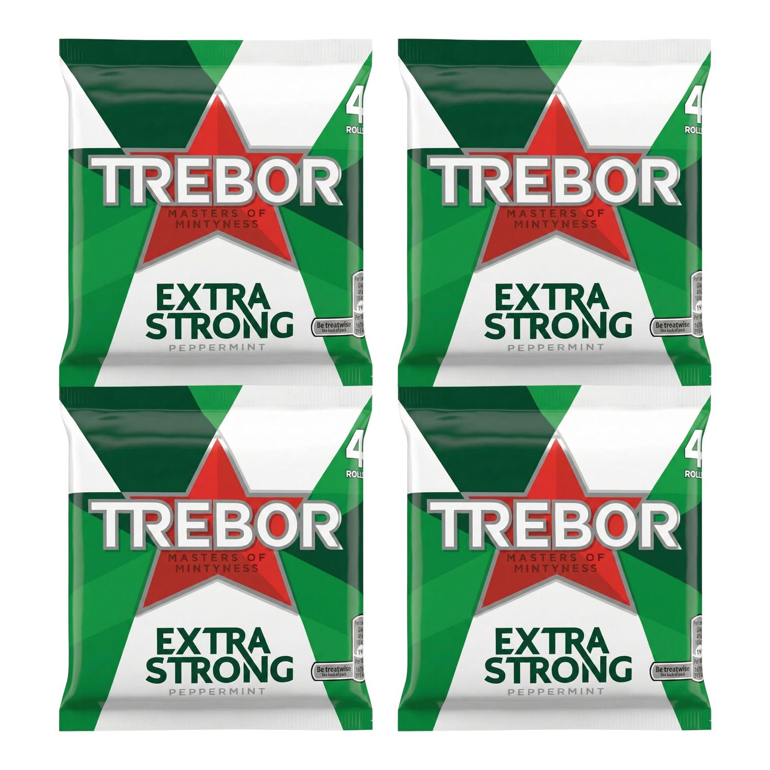 Trebor Extra STRONG PEPPERMINT Mints - 16 Rolls Bulk Buy (4 Packs of 4) - Intense Breath Freshener Sweets