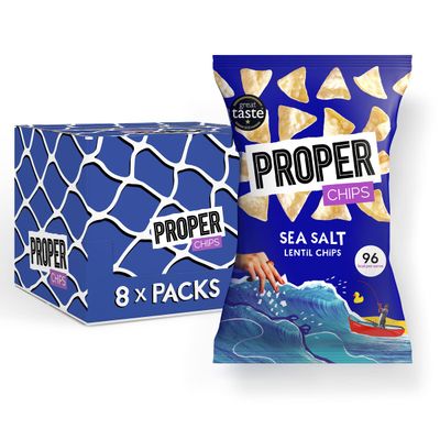 PROPERCHIPS - Sea Salt Lentil Chips, Vegan, Gluten Free Snacks, Sharing Bags 85g (8 Packs)