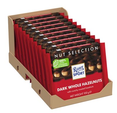 Ritter Sport Whole Hazelnuts Dark Chocolate Bar, 100g, Case of 10, Chocolate Sharing Bar
