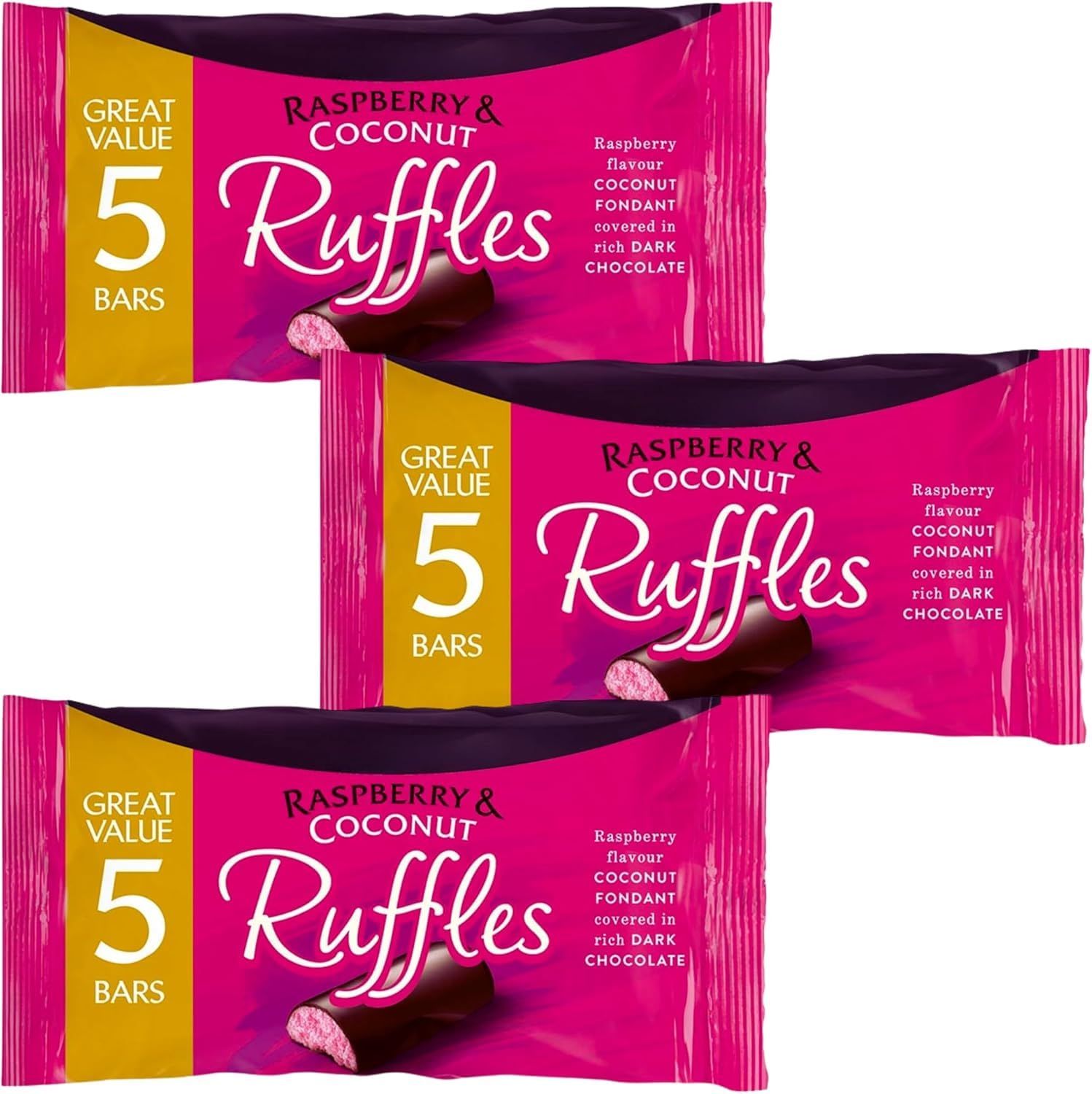 Chocolate Ruffle Bundle Consisting of Raspberry &amp; Coconut Ruffles 5 bars 130g (3 Pack)