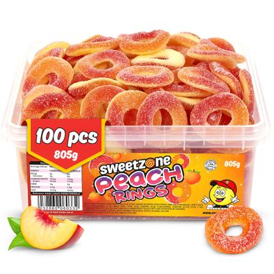 Sweetzone Sour Sweets Fizzy Peach Rings, Fruity Gummy Candy, Soft Retro Sweeties In Bulk Sweet Box, Halal Bulk Sweet Tubs, 800g 100 Pcs, Perfect Gummies For Kids, Party Snacks And Sour Candy Fans