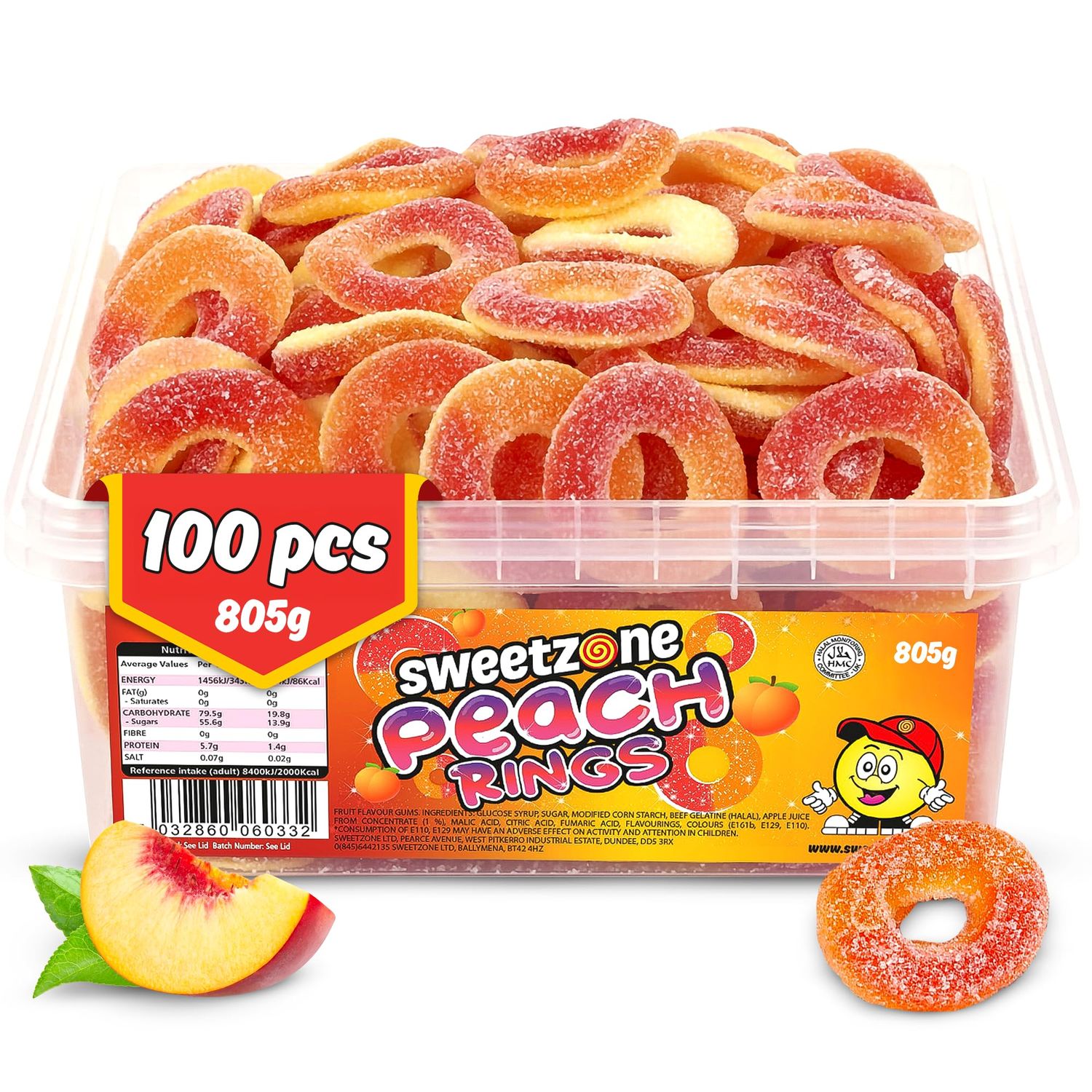 Sweetzone Sour Sweets Fizzy Peach Rings, Fruity Gummy Candy, Soft Retro Sweeties In Bulk Sweet Box, Halal Bulk Sweet Tubs, 800g 100 Pcs, Perfect Gummies For Kids, Party Snacks And Sour Candy Fans