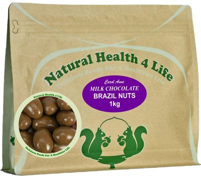 Natural Health 4 Life Carol Anne Confectionery Milk Chocolate Brazil Nuts 1kg, Chocolate Covered Nuts in Resealable Pouch, 9.3g Protein per 100g, ideal for Snacking, Events, Refill Jars - Made in UK