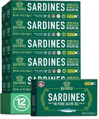 Sea Castle Skinless &amp; Boneless Sardines in Pure Olive Oil 125g (Case of 12) Rich in Omega 3, Easy Open BPA Free Tin, Kosher