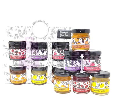 Selection of Breakfast &amp; Afternoon Tea Jam Preserve Gift Pack - Strawberry, Blackcurrant, Raspberry, Apricot, Lemon Curd, Marmalade - 6 x 42g Jars