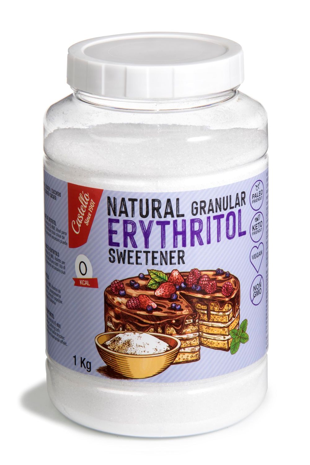 Castello since 1907 Natural Erythritol Sweetener - Granulated 10g = 7g of sugar Sugar Substitute - Keto and Paleo - 0 Glycemic - 0 Calories - 0 Net Carbs - Made by corn 100% Non-GMO - 1 kg