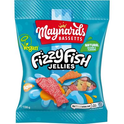 Maynards Bassetts Fizzy Fish Jellies Sweets Bag, Soft &amp; Fizzy Fruity Fish Shaped Candies, 130 g (Pack of 1)