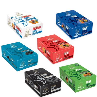Pick any 2 Lion 2kg Boxes, You Choose the Ones You Want; Lion Mini Gems (formerly Midget Gems), Football Gums, Licorice Gums, Wine Gums, Fruit Salad And Poor Bens