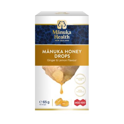 Manuka Health Manuka Honey Lozenges - Ginger and Lemon Flavour, MGO 400+ with Vitamin C, Soothing Drops for Throat Relief - Made with New Zealand Honey, 15 Lozenges