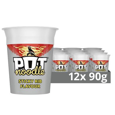 Pot Noodle Sticky Rib Standard Pot Noodle instant vegetarian snack quick to make noodles 12x 90 g