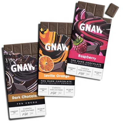 GNAW Decadent 70% Dark Chocolate Gift Box Set - 3 x 80g Luxury Dark Chocolate Bar Multipack - Classic 70%, Seville Orange &amp; Raspberry - Letterbox-Friendly Gift Box, Palm Oil Free