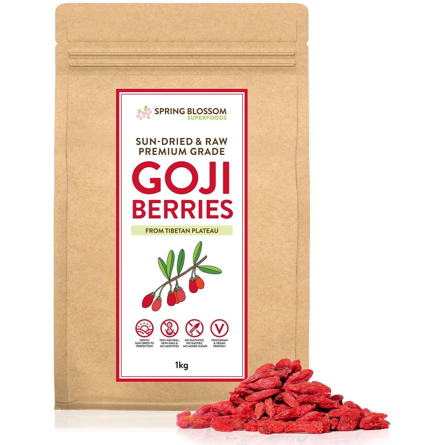 1KG 100% Natural Goji Berries from Tibetan Plateau, Large RAW &amp; Sun-Dried, Pure Wolfberry Fruit Snack, No Additives, Pesticides, Sulphites, Non-GMO, Gluten-Free, Vegan Healthy Superfood