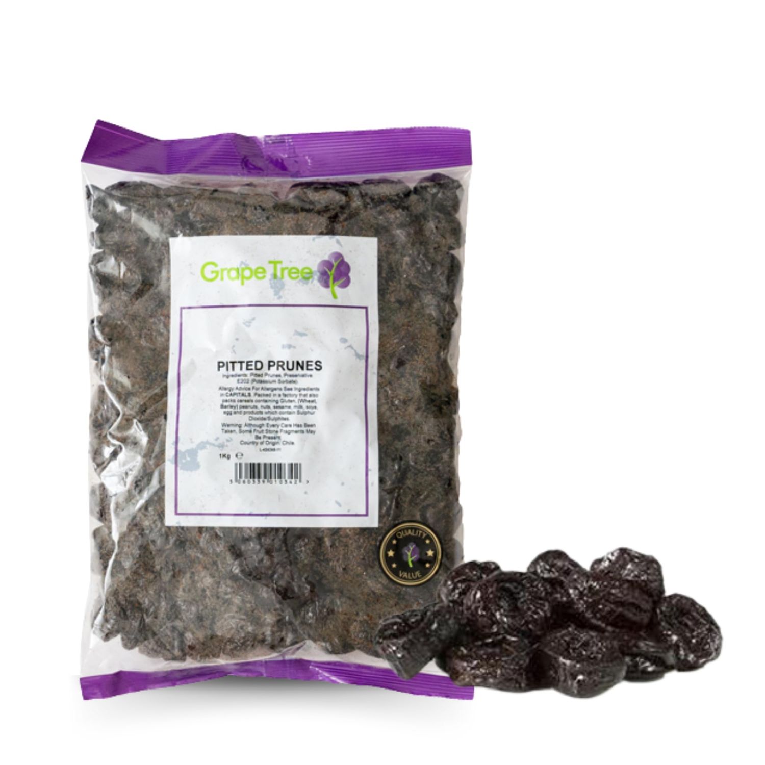 Grape Tree Pitted Prunes (1KG) Natural Raw Dried Fruit, Bulk Ready To Eat Prunes Pitted. Perfect For Snacking &amp; Baking. High In Fibre, Low Fat - Sticky and rich, No added Sugar